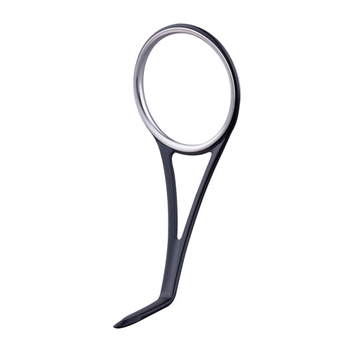 Single-foot fishing rod guide with black frame and polished stainless steel ring