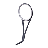 Single-foot fishing rod guide with black ring, silver frame, dark foot