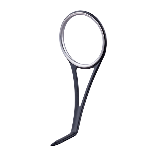 Single-foot fishing rod guide with black ring, silver frame, dark foot