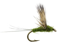 Green and tan fishing fly lure with feather wing and barbed hook