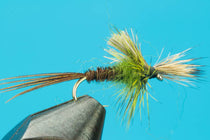 Baetis Cripple mayfly dry fly with olive-yellow wings and green body