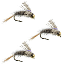 Three wet fly fishing flies with gray, tan feathers and gold hook, size 18