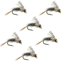 Set of gray wet fly fishing flies with gold hook, tan wing fibers, size 16