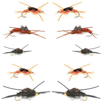 Assorted bead-head nymph wet flies in orange and dark colors, each with barbed hook
