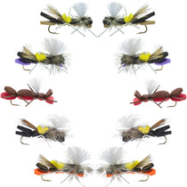Assorted dry fishing grasshopper flies with yellow, black, and white foam bodies
