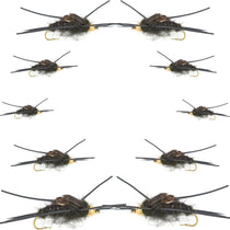 Wet fly assortment: dark brown bead-head nymphs with black rubber legs and tails