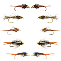 Wet fly assortment of nymphs with tungsten bead heads, assorted colors and feather bodies
