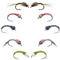 Assorted bead-head midge wet flies with multi-color bodies and barbed hooks