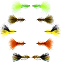 Bead head wet fly assortment with fuzzy tails in green, brown, yellow, orange, and black