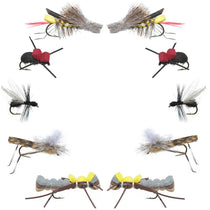 Dry fly assortment: mixed flies with gray bodies, yellow wings, and red accents