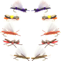 Assorted dry fly grasshopper lures with purple, orange, and brown foam bodies