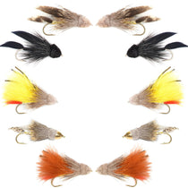 Wet fly streamer assortment with mixed feather colors and gold hooks, multiple flies