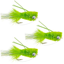 Chartreuse bass popper fly lures with weed guard and wide-gap hook, 3-pack