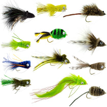 Bass surface popper fly assortment with green frog, mouse, and rat designs on hooks