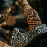 Battle Axe with Custom Handmade Forged Engraved 1095 Steel Blade and Ash Wood Handle – Warlord's Edge
