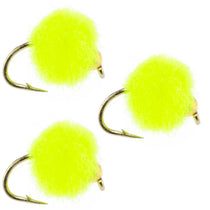 Three chartreuse fuzzy bead head egg flies with curved metal hooks