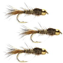 Three bead-head hare's ear nymph fishing flies, gold ribbed bodies, size 14