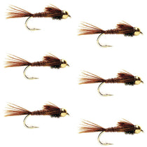Bead-head pheasant tail nymph fly with brown hackle and tan wing fibers on hook