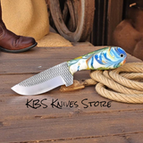 Best Cowboy Knife - 4 Inch Rasp Steel Fixed Blade with Sky Blue Epoxy Resin Handle