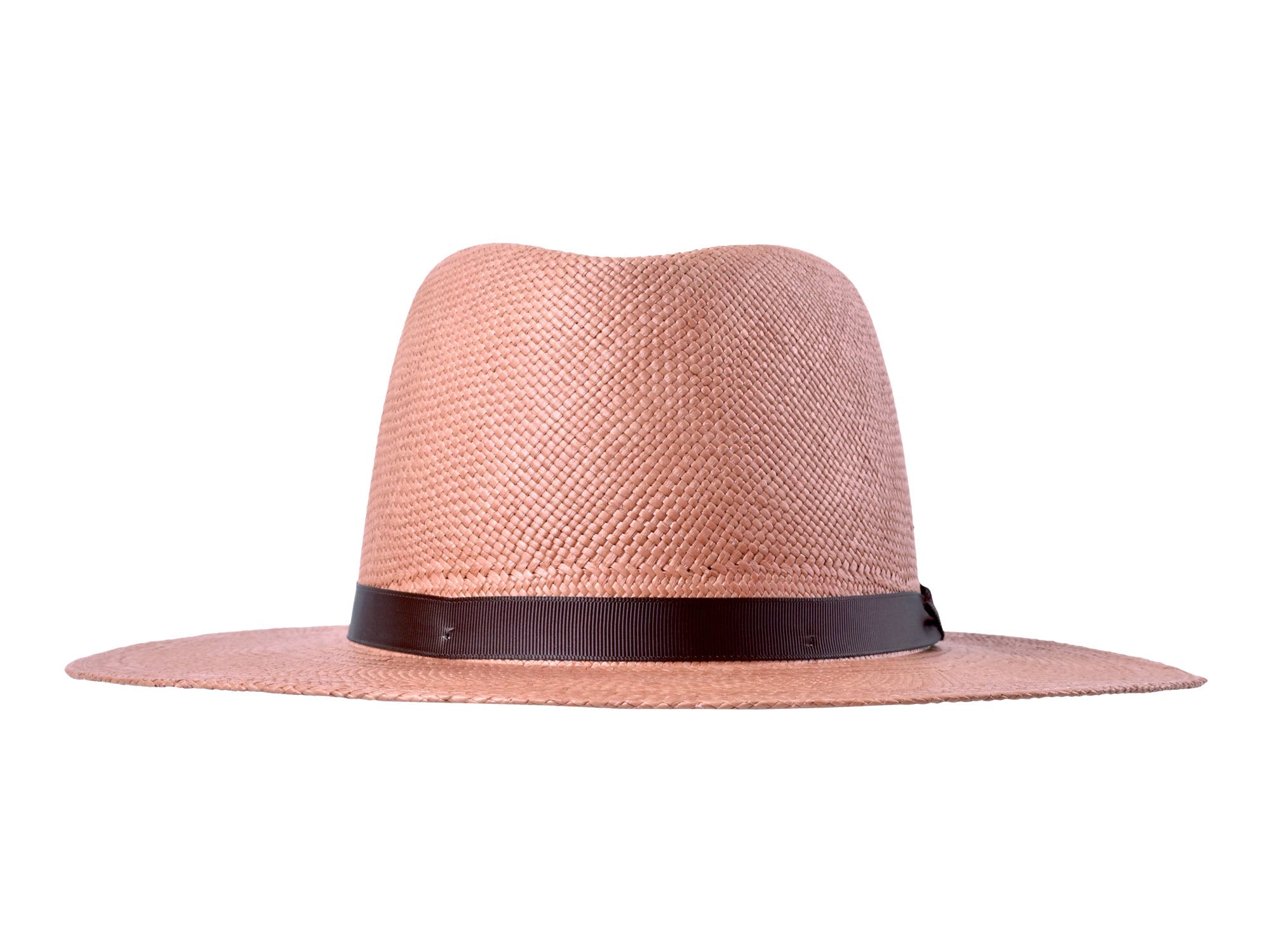 Pink woven Panama hat with dark brown band, front view with slightly upturned brim.