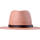 Pink woven Panama hat with dark brown band, front view with slightly upturned brim.