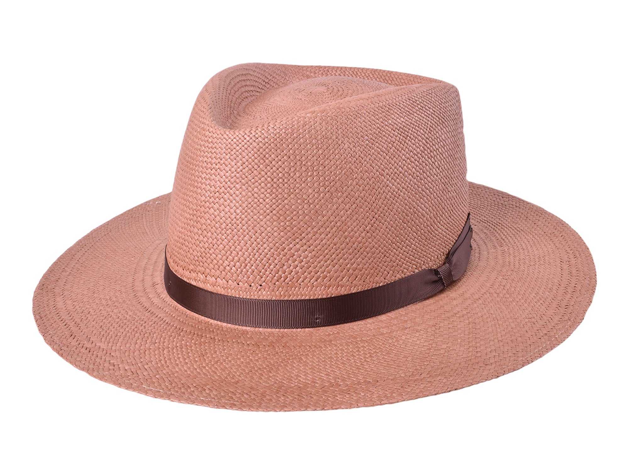 Pink woven Panama hat with dark brown band, wide brim, front 3/4 view.