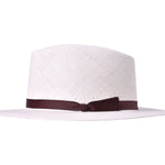 Natural woven Panama hat with dark brown band, top view, wide flat brim.