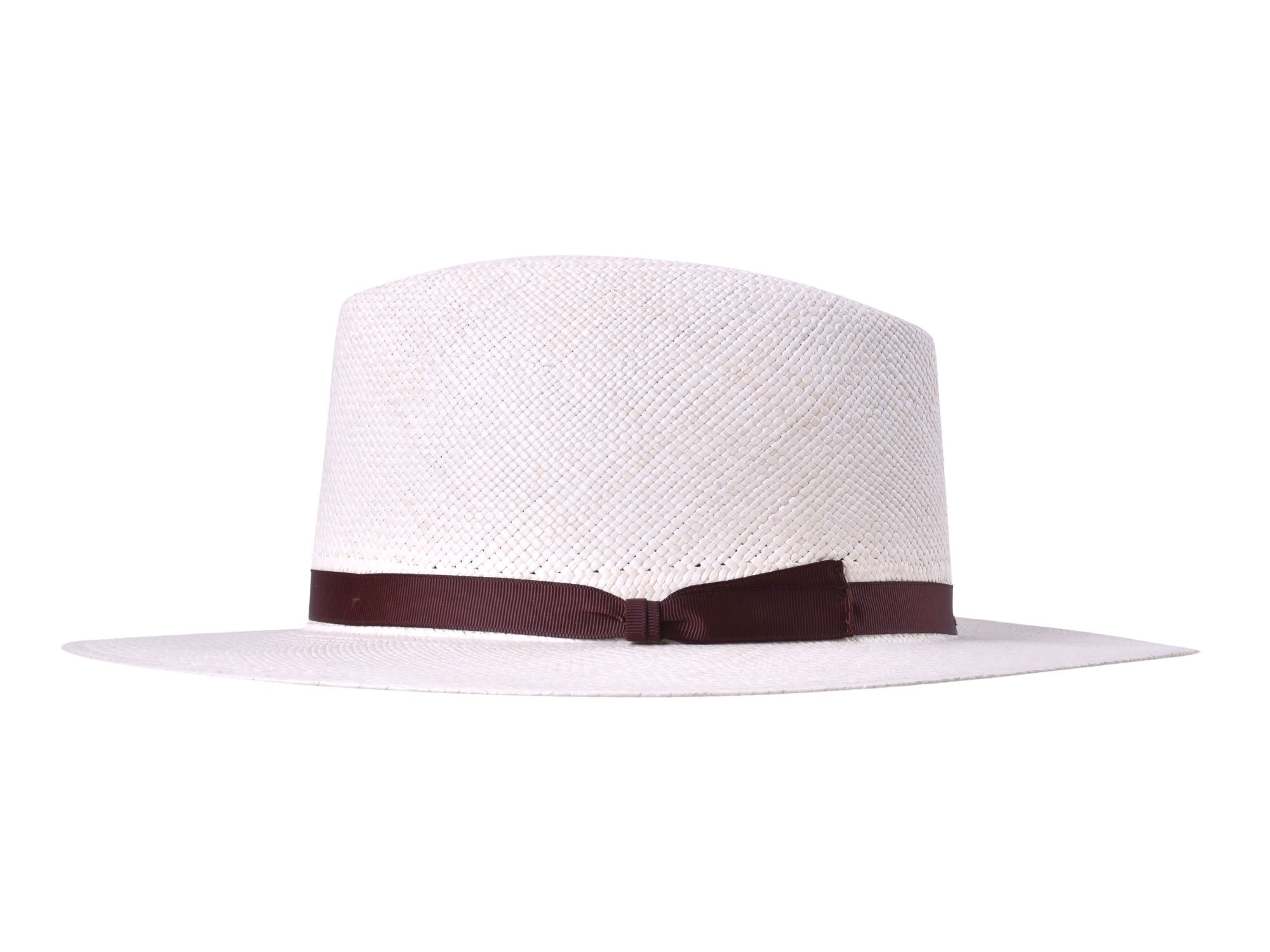 Natural woven Panama hat with dark brown band, top view, wide flat brim.