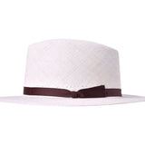 Natural woven Panama hat with dark brown band, top view, wide flat brim.