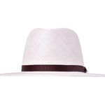 Natural woven Panama hat with dark brown band, front view, wide brim.