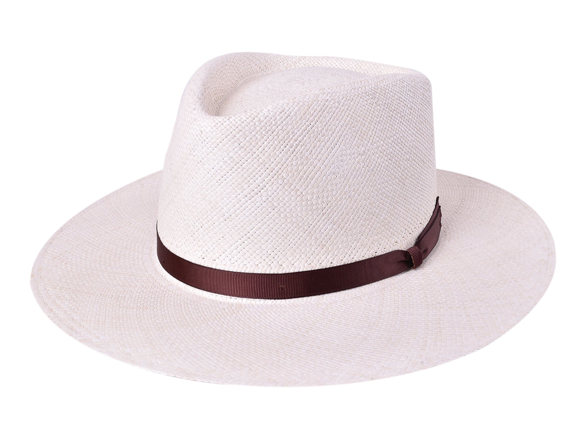 Natural woven Panama hat with dark brown band, wide brim, front 3/4 view.