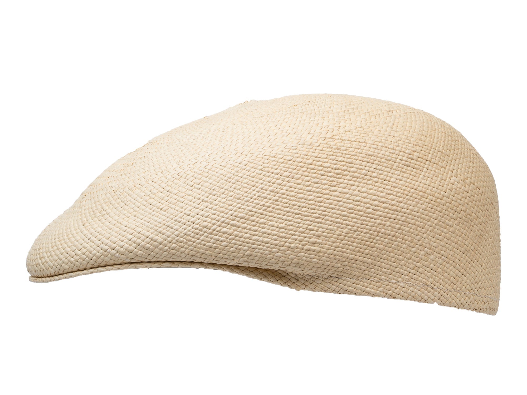 Natural straw Panama-style ascot hat, side view with short curved brim.