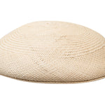 Natural straw Panama-style ascot hat with textured weave and dome crown.