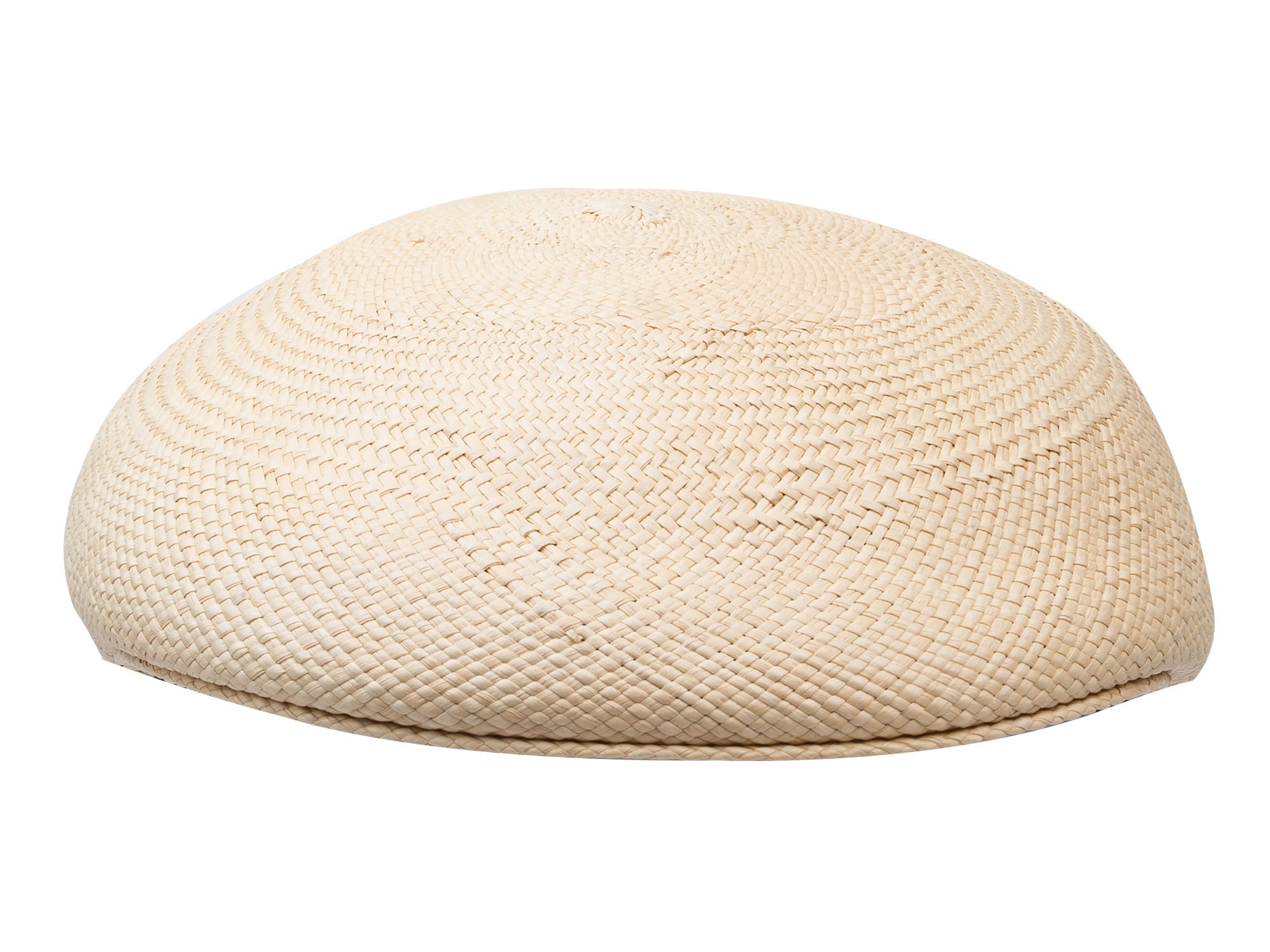 Natural straw Panama-style ascot hat with textured weave and dome crown.