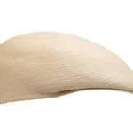 Natural straw Panama-style ascot hat, angled view showing short curved brim.