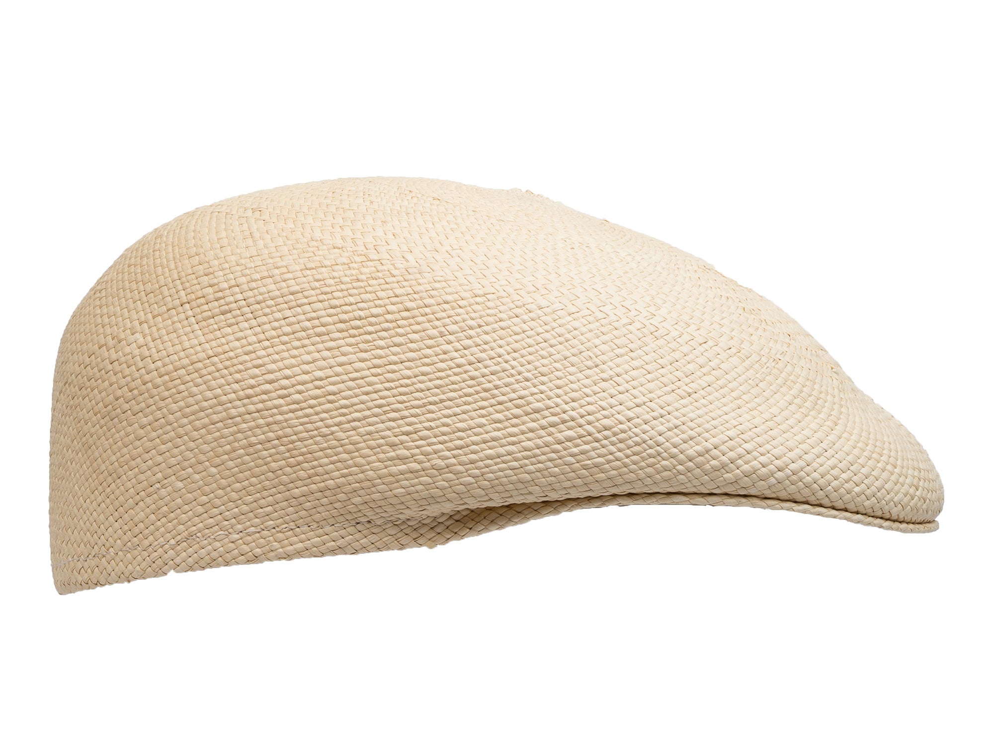 Natural straw Panama-style ascot hat, angled view showing short curved brim.