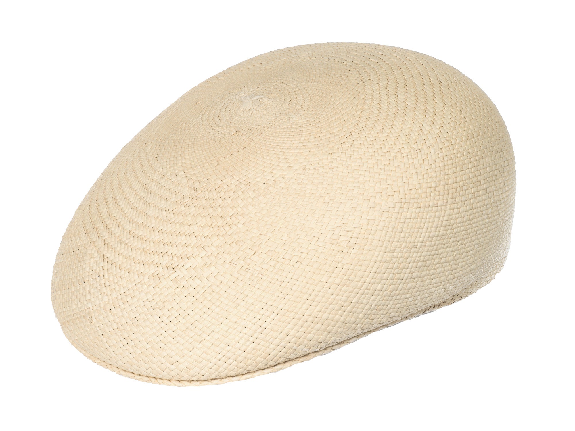 Natural straw Panama-style ascot hat with rounded crown and short brim.