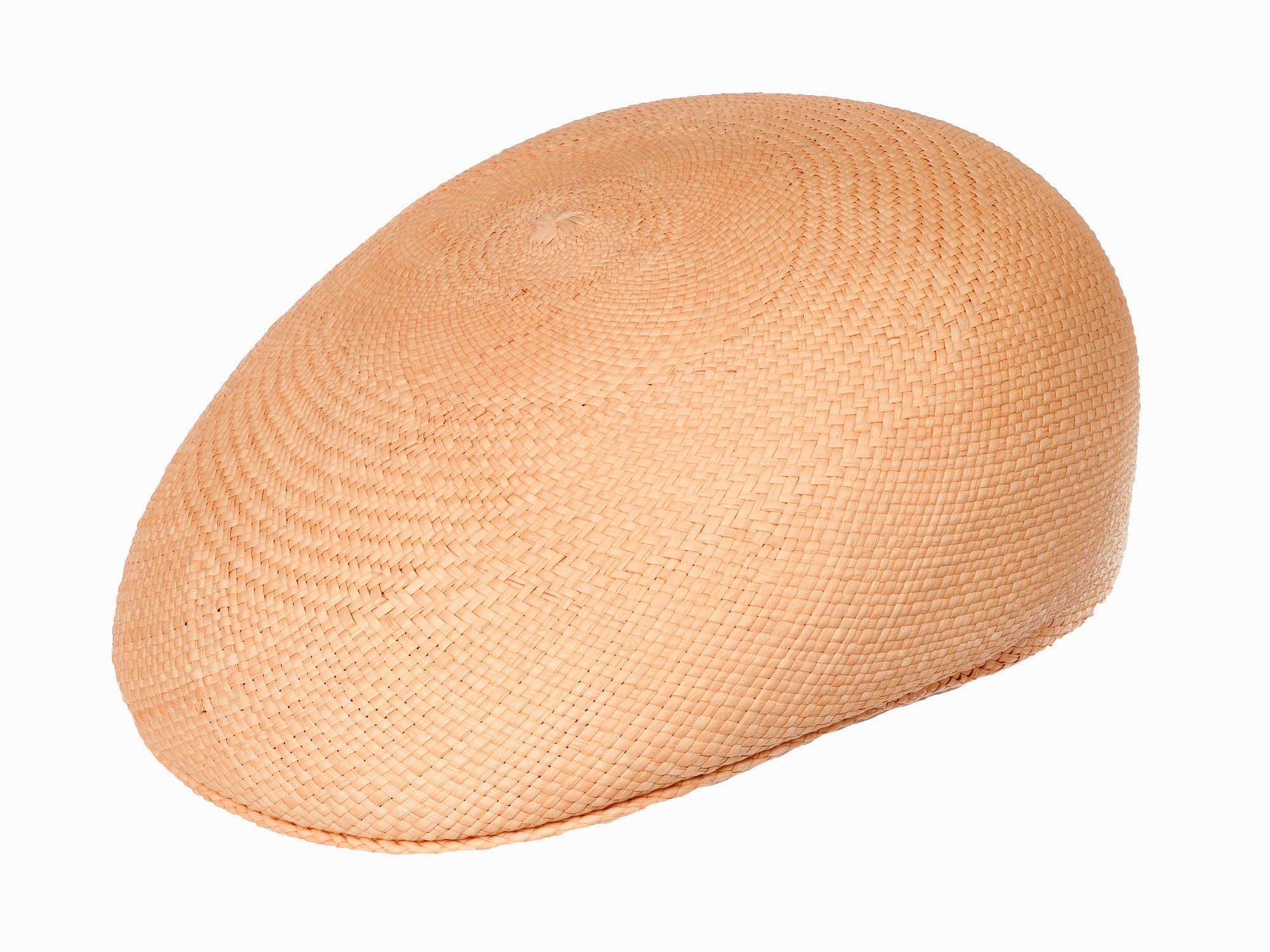 Orange straw Panama-style ascot hat with rounded crown and short brim.