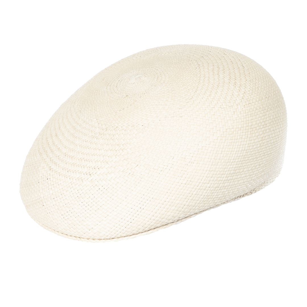 White straw Panama-style ascot hat with textured mesh weave.
