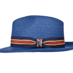 Blue paper braid fedora-style hat, side view with striped band and bow