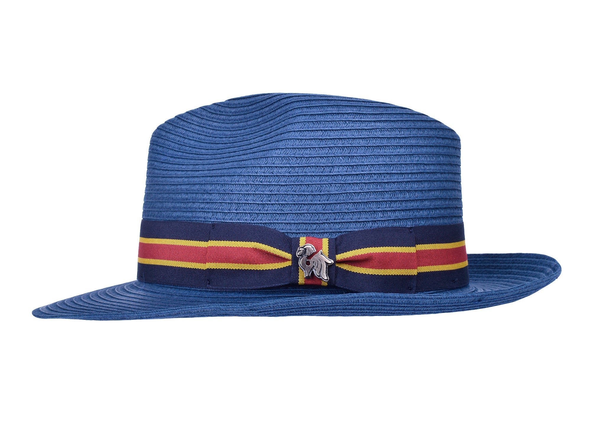 Blue paper braid fedora-style hat, side view with striped band and bow