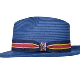 Blue paper braid fedora-style hat, side view with striped band and bow