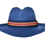 Blue paper braid fedora-style hat with multicolor striped band and shaped crown