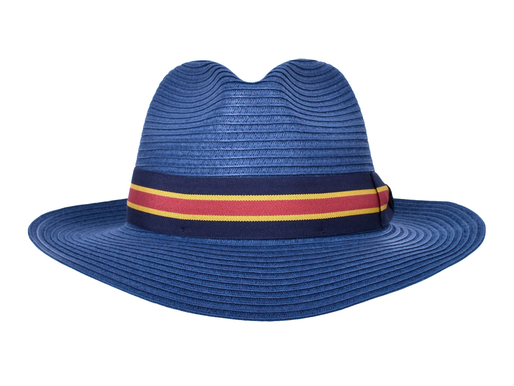 Blue paper braid fedora-style hat with multicolor striped band and shaped crown