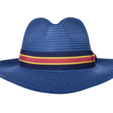 Blue paper braid fedora-style hat with multicolor striped band and shaped crown