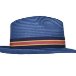 Blue paper braid fedora-style hat with multicolor striped band
