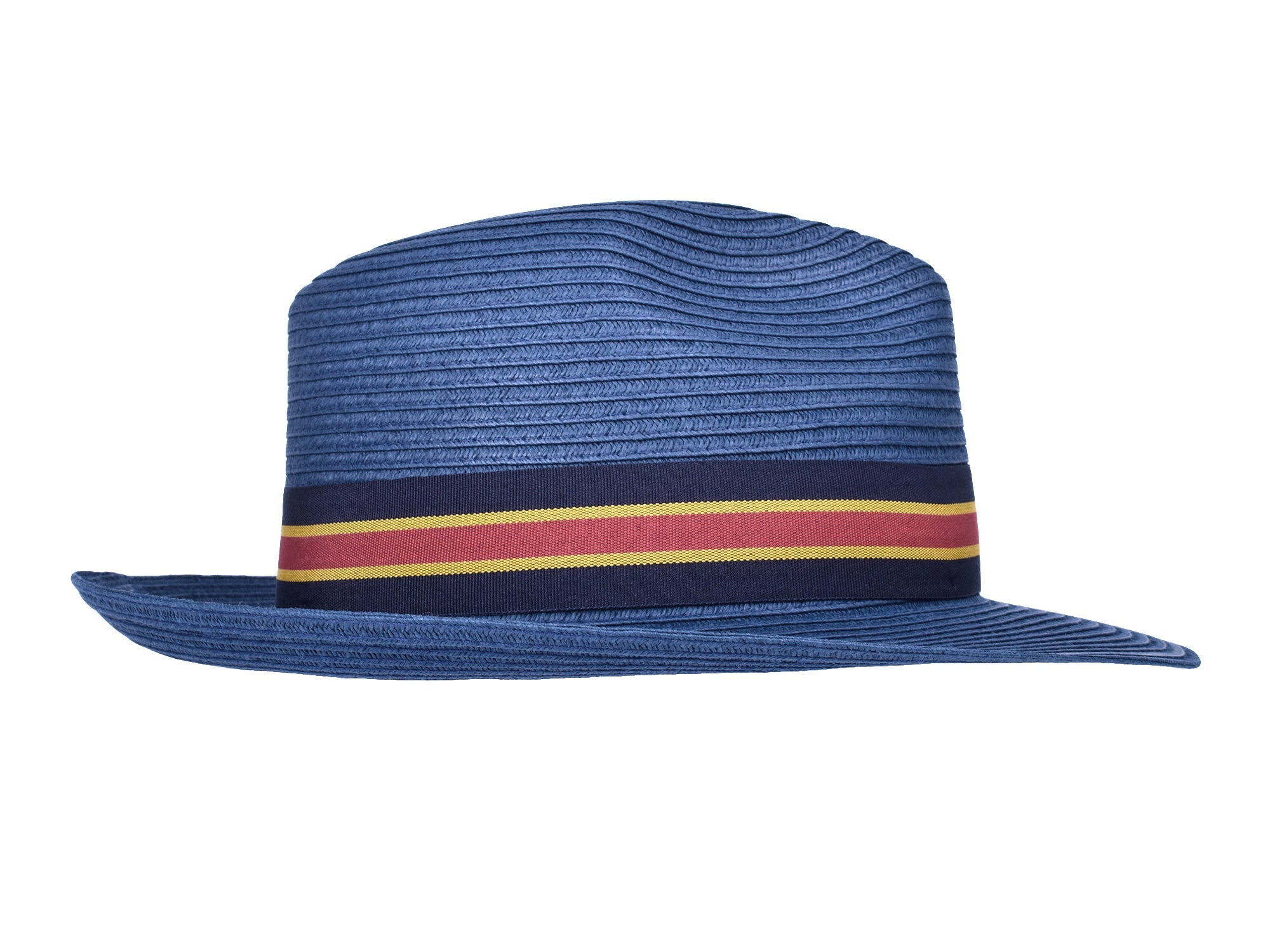 Blue paper braid fedora-style hat with multicolor striped band