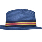 Blue paper braid fedora-style hat with multicolor striped band