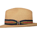 Tan paper braid hat with striped band and small front emblem