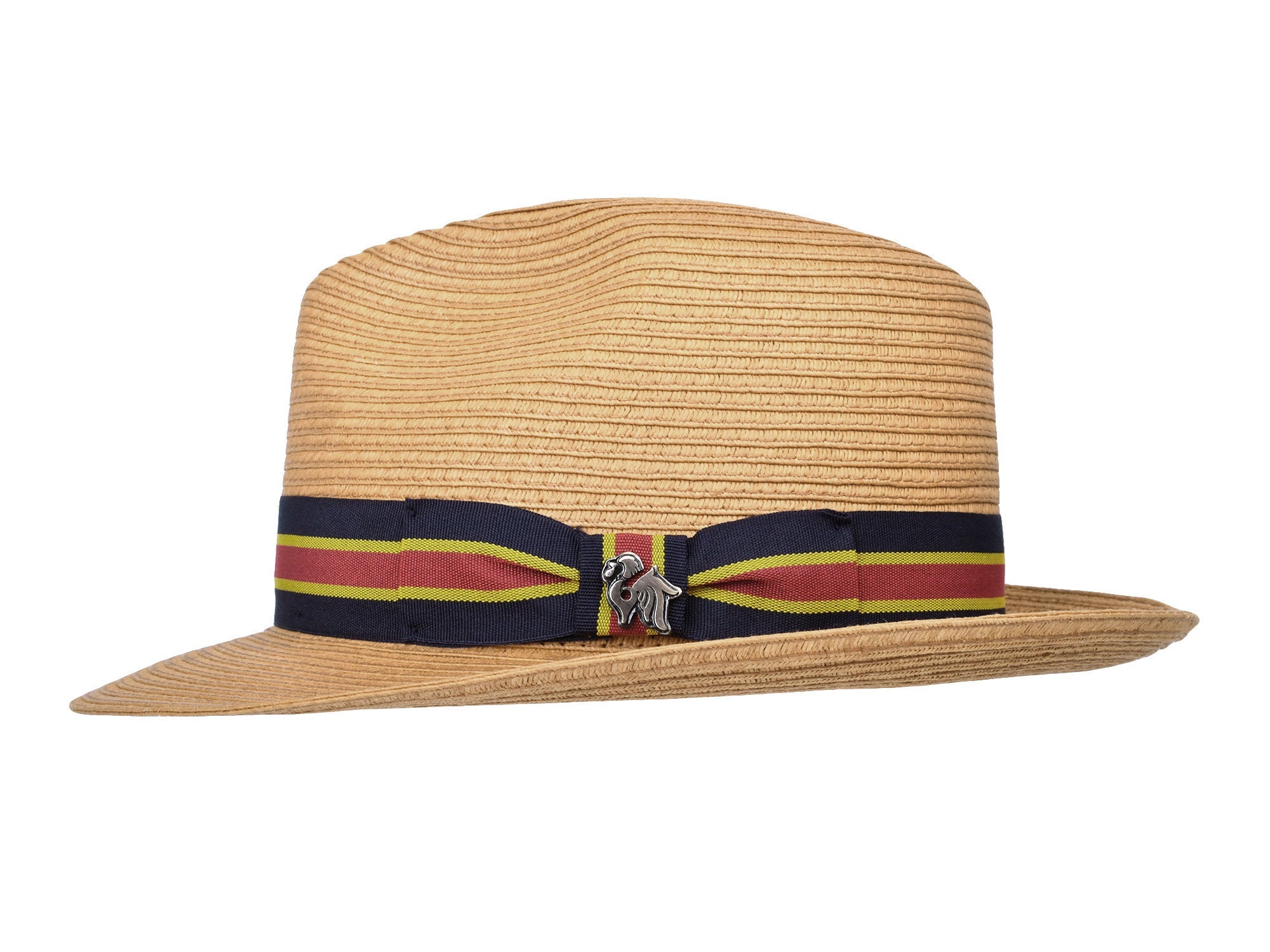 Tan paper braid hat with striped band and small front emblem